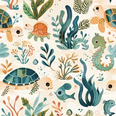 A cute underwater pattern with adorable turtles, seahorses, and seaweed in a contemporary style. The illustration features a mix of textures and playful details, creating a charming and whimsical