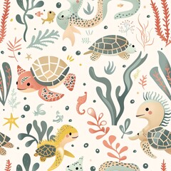 A charming underwater pattern with adorable turtles, seahorses, and seaweed in a vintage style. The illustration features a nostalgic color palette and playful details, creating a sweet and
