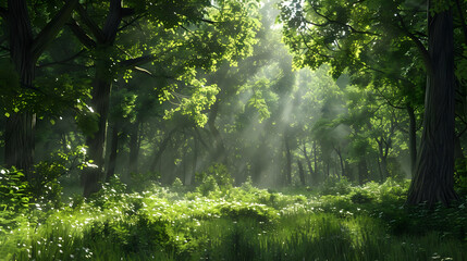 Obraz premium A tranquil forest clearing with dappled sunlight streaming through the trees