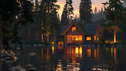 Fototapeta premium A cozy lakeside cabin nestled among towering pine trees