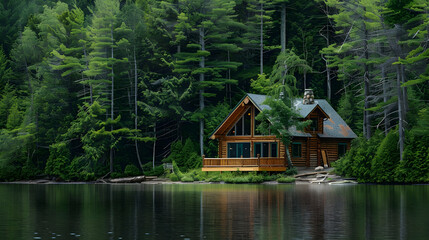A cozy lakeside cabin nestled among towering pine trees