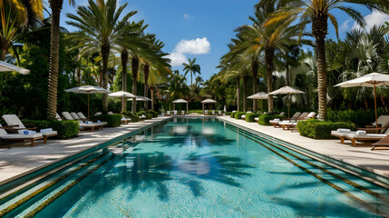 Fototapeta premium A refreshing swimming pool surrounded by palm trees and lounge chairs