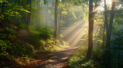 Obraz premium A scenic hiking trail through a dense forest with sunlight filtering through the trees