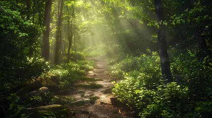 Obraz premium A scenic hiking trail through a dense forest with sunlight filtering through the trees