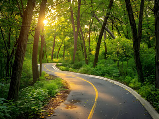 Fototapeta premium A scenic bike path winding through a forest with sunlight filtering through the trees