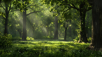 Obraz premium A tranquil forest clearing with dappled sunlight streaming through the trees