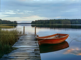 Obraz premium A serene lakeside dock with a rowboat tied up nearby
