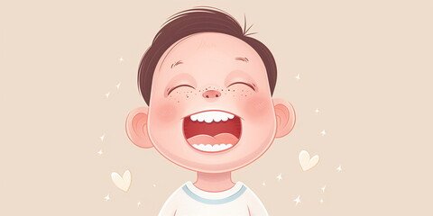 Cartoon child with hearts, promoting dental care for kids, dental health education, children's dentist services and oral hygiene awareness in a friendly approachable manner