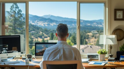 A man works from home with a view of nature outside an open window. The concept of remote work, freelancing
