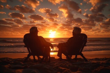 Obraz premium senior couple looking at sunset on vacation sitting on beach chairs. Happy retirement and long marriage concept. 