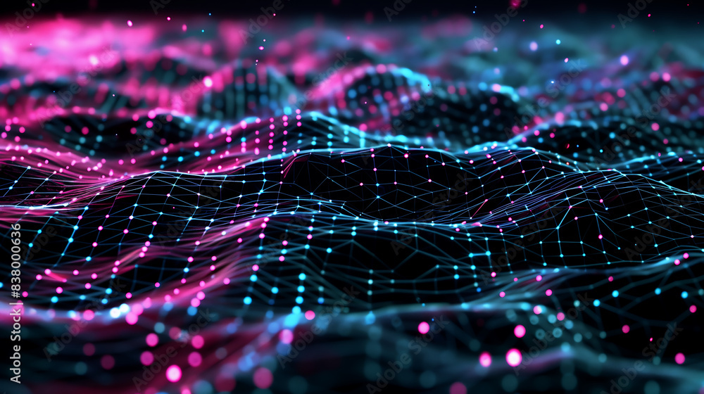 Poster abstract futuristic background with glowing pink and blue dots on black wave polygonal network lines