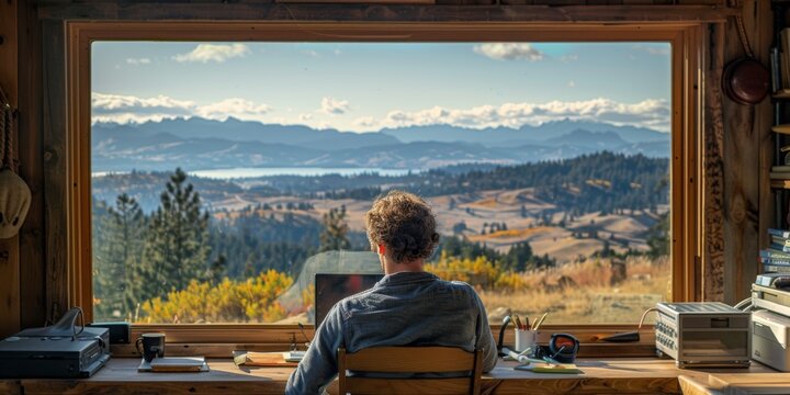 A man works from home with a view of nature outside an open window. The concept of remote work, freelancing