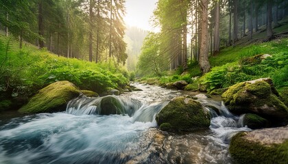 Obraz premium Sunlight filters through a vibrant green forest, illuminating a crystal-clear stream cascading over mossy rocks. 