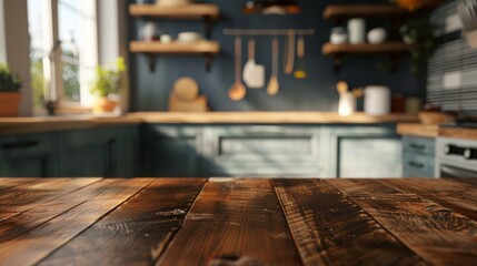 Rustic wooden table top with a blurred contemporary kitchen perfect for product displays