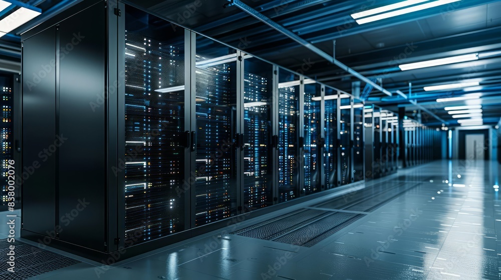 Poster a row of sleek server data center racks is neatly organized in a stateoftheart server room, showcasi