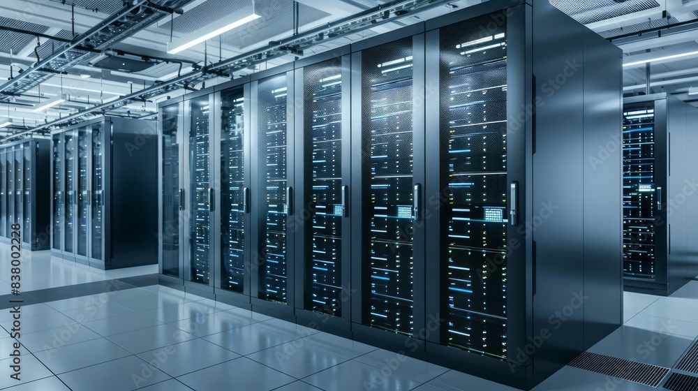 Poster a row of sleek server data center racks is neatly organized in a stateoftheart server room, showcasi