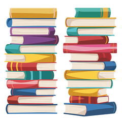 Stacks colorful books arranged vertically. Cartoon style book illustration library, education themes. Bright covers thick volumes represent knowledge learning resources