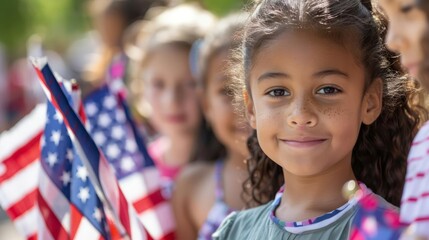 Fototapeta premium Closeup shot of kids proudly displaying American flags in parade