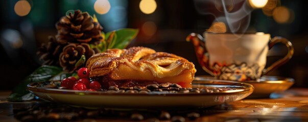 Delicious pastry dessert on a plate, accompanied by a steaming cup of coffee, set in a cozy and warm ambiance with festive decorations.