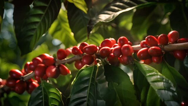 coffee tree with complete leaves and seeds on the tree