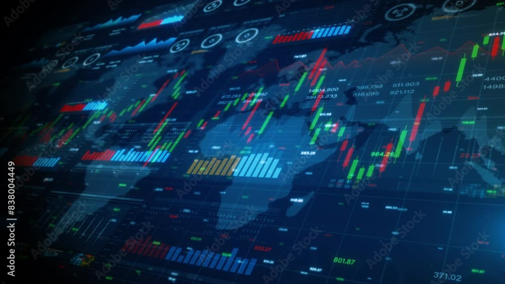 Poster candlestick information reports for finance strategy and investment, data analytics for visualizing 