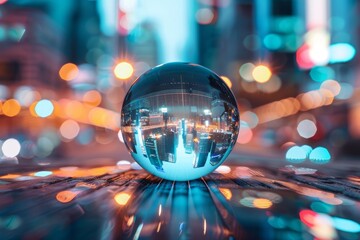 A mesmerizing cityscape captured through a crystal ball at night, showcasing vibrant urban lights and futuristic ambiance.