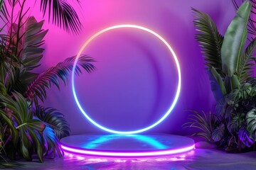Obraz premium Empty podium surrounded by exotic plants for brand display, featuring a summer scene with a purple and blue neon frame 3D pedestal ideal for business mockups and sale promotions