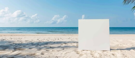 Empty white paper board sign on a beach, perfect for vacation promotions and business announcements with space for text