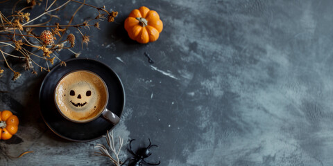 Halloween tea cup saucer espresso cappuccino pumpkin chi latte drink jack lantern face orange grey cozy coffee cafe shop banner flatlay above copy blank dark background simple barista caffeine festive