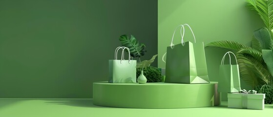 Generate an artistic representation of a promotional event with podium gifts and a shopping bag set against a simplistic green backdrop