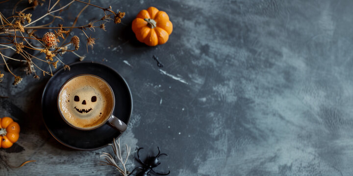Halloween tea cup saucer espresso cappuccino pumpkin chi latte drink jack lantern face orange grey cozy coffee cafe shop banner flatlay above copy blank dark background simple barista caffeine festive