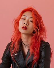 Fototapeta premium Transgender woman bright red hair, posing confidently against soft pink studio background