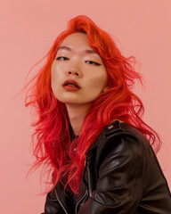 Fototapeta premium Transgender woman bright red hair, posing confidently against soft pink studio background