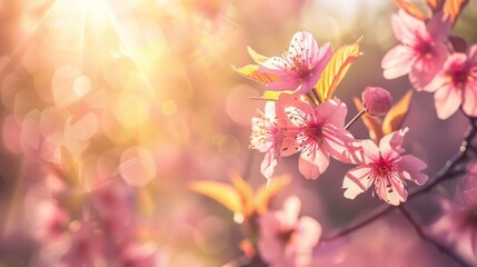 Vibrant sakura flowers with sunlight streaming through