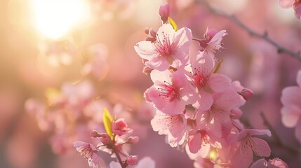 Naklejka premium Vibrant sakura flowers with sunlight streaming through