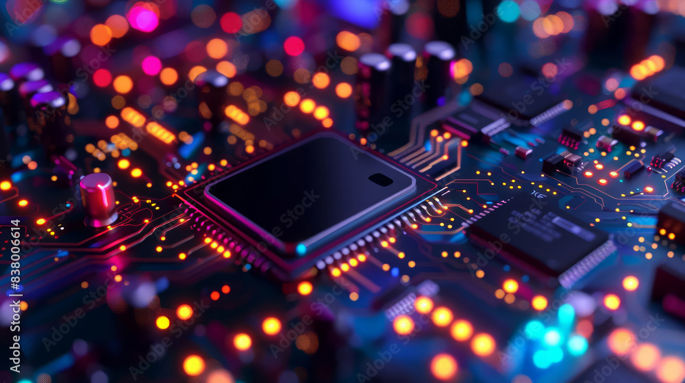 Poster hightech server processing data on a modern circuit board with multicolored technology background an
