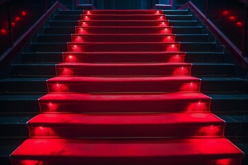 Obraz premium Illuminated stairs adorned with a red carpet on a dark background, symbolizing the path to fame, victory, and achievement