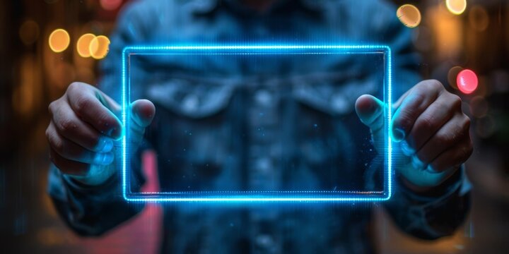 Businessman presents a digital rectangular icon bordered by neon light. Dark background