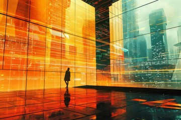 In a mysterious futuristic city, a lone figure works to identify hidden patterns within a hightech market