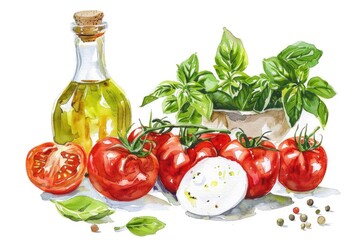 Watercolor Caprese Salad Recipe. Fresh Ingredients of Italian Cuisine on White Background