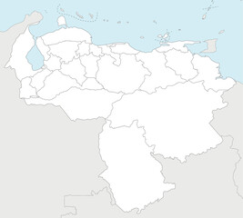 Obraz premium Vector blank map of Venezuela with states, capital district, federal dependencies and administrative divisions, and neighbouring countries. Editable and clearly labeled layers.