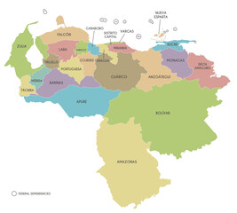 Obraz premium Vector map of Venezuela with states, capital district, federal dependencies and administrative divisions. Editable and clearly labeled layers.
