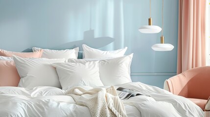 Neatly made bed with a variety of pillows and a throw blanket, set against a light blue wall with a peach-colored curtain on the right side