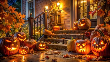 Halloween porch with carved pumpkins and fall decor, evening scene