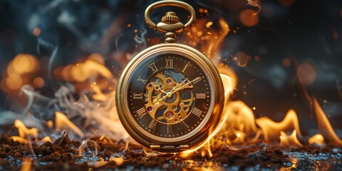 Vintage pocket watch embraced by flames. Dark background