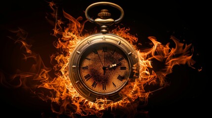 Vintage pocket watch embraced by flames. Dark background