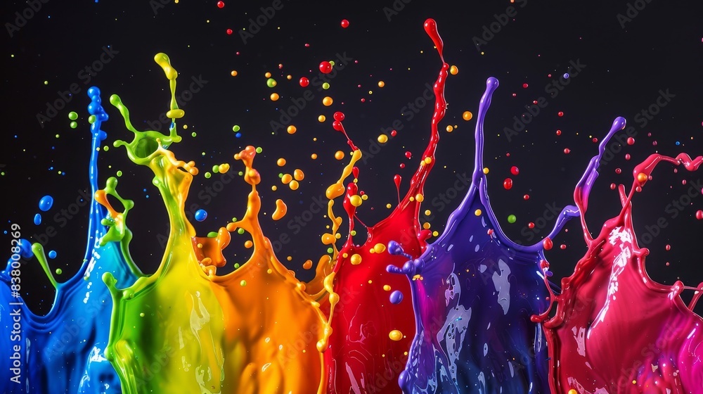 Poster vibrant, dynamic splashes of colored paint, creating a rainbow-like effect with colors including gre