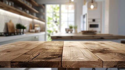 Wooden table perspective over a softly blurred kitchen interior ideal for product montages