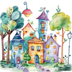 Whimsical Watercolor Fantasy Townscape with Cartoon Houses and Fairy Streetlight
