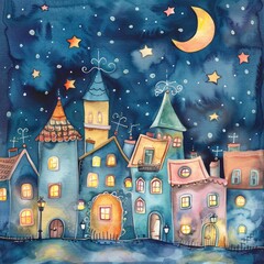 Whimsical Watercolor Townscape with Cartoon Houses and Streetlights, Magical Night Sky Scene for Children's Decor and Print